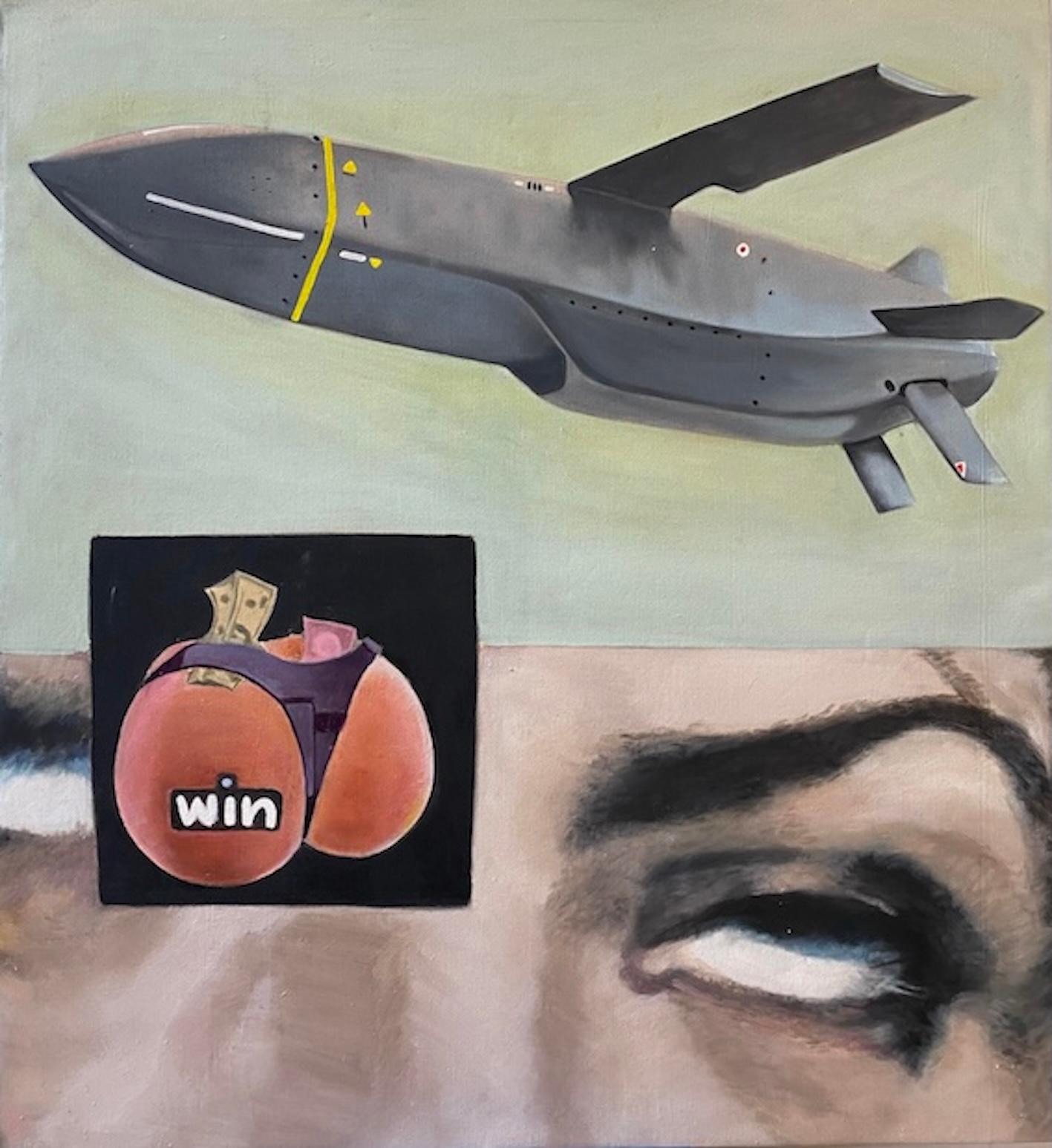 Oil painting divided between a grey military missile descending through a muted sage sky, a small black inset of a peachy bum with dollar bills tucked in her thong and the word 'win', and a close-up of a rolling human eye rendered in soft taupe — a collision of violence, desire, and surveillance